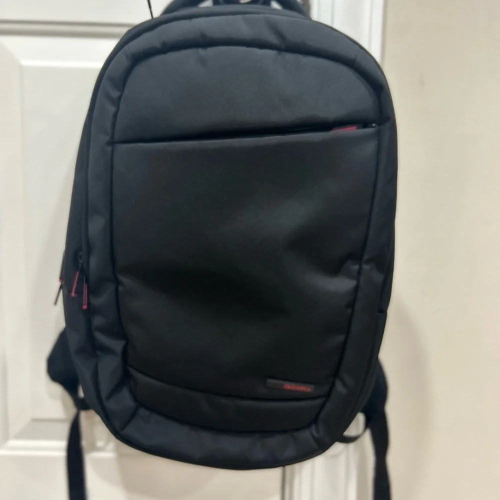 Compact Black Men's Backpack with Subtle Red Accents